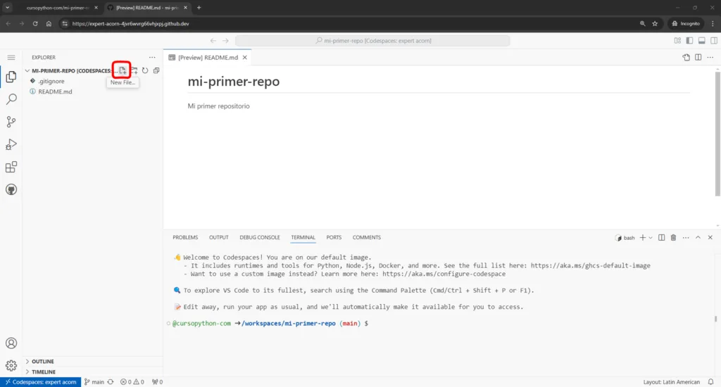 Screenshot nuevo archivo en codespace