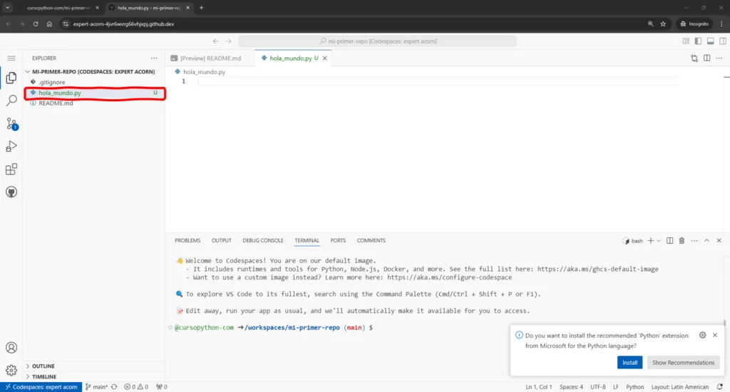 Screenshot nuevo archivo en codespace