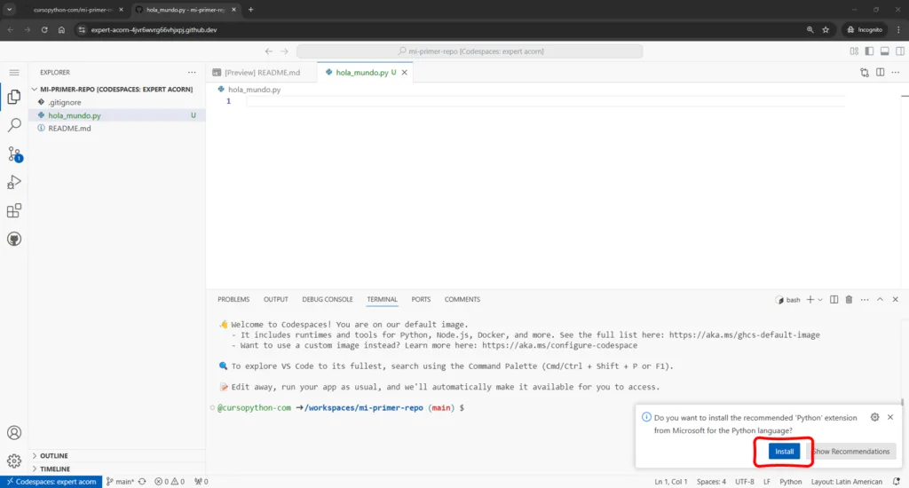 Screenshot instalar extensión de python