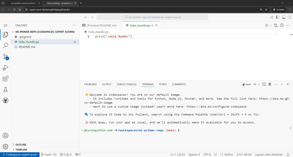 Screenshot programa de python en codespace
