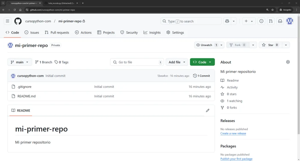 Screenshot guardando cambios en codespace