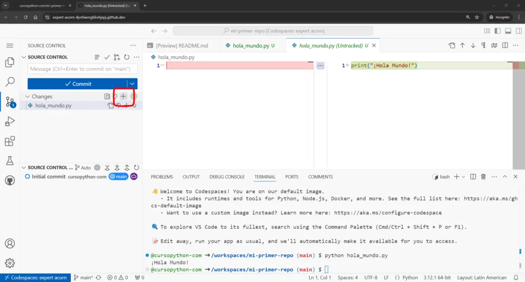 Screenshot guardando cambios en codespace