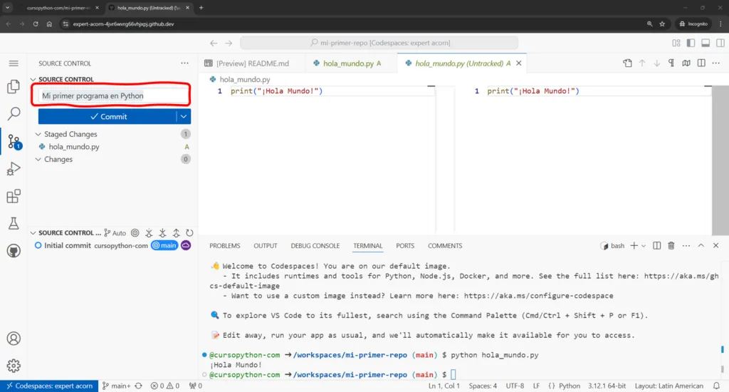 Screenshot guardando cambios en codespace