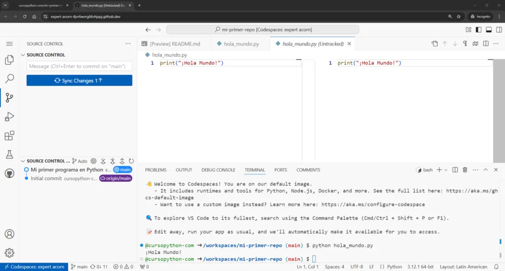 Screenshot guardando cambios en codespace