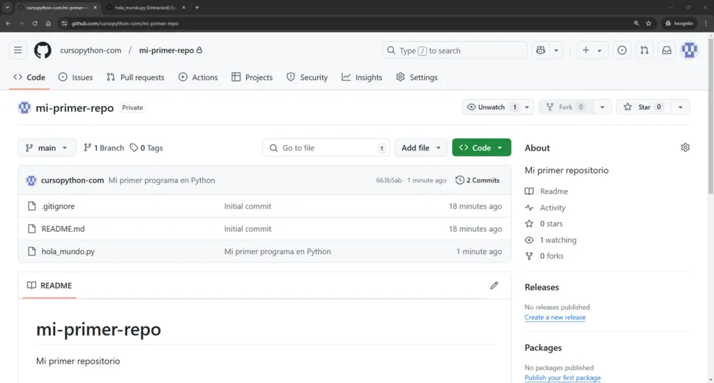 Screenshot guardando cambios en codespace