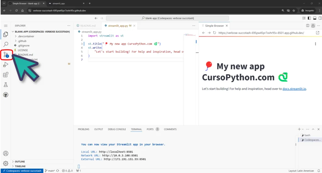 Screenshot share.streamlit.io crear aplicación con GitHub Codespaces