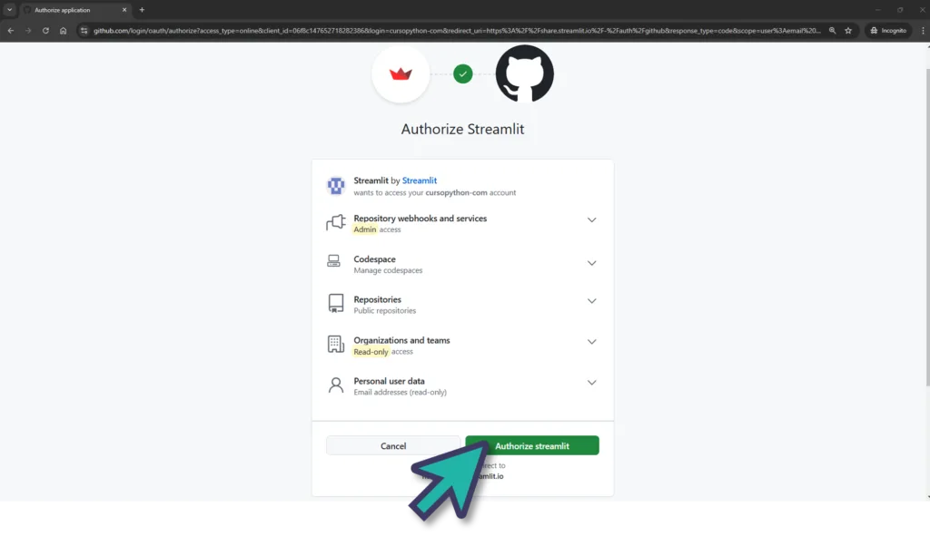 Screenshot share.streamlit.io iniciar sesión con GitHub
